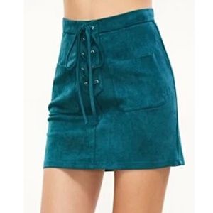 SHEIN Women’s Lace-Up Front Dual Pocket Suede Mini Skirt - teal / green, size S